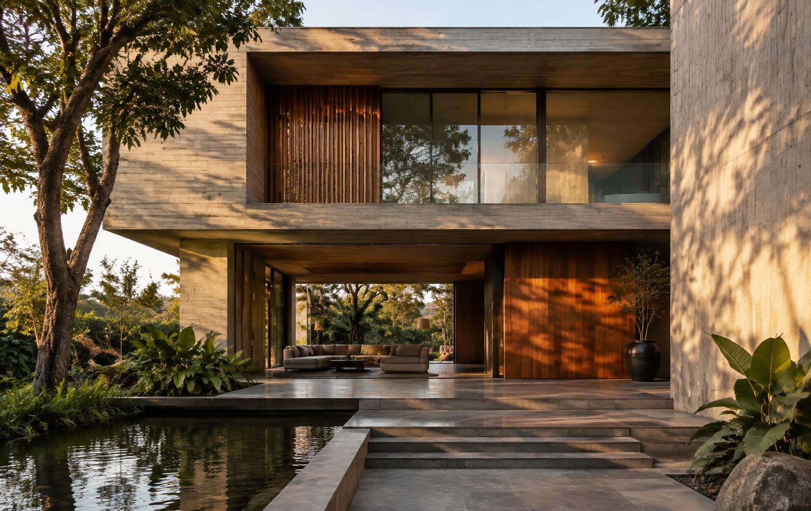 Minimalist concrete and teak Indian home inspected by Grihaa