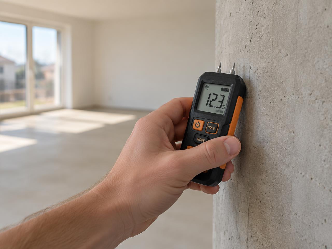 Grihaa inspector measuring wall moisture with a meter during a home inspection